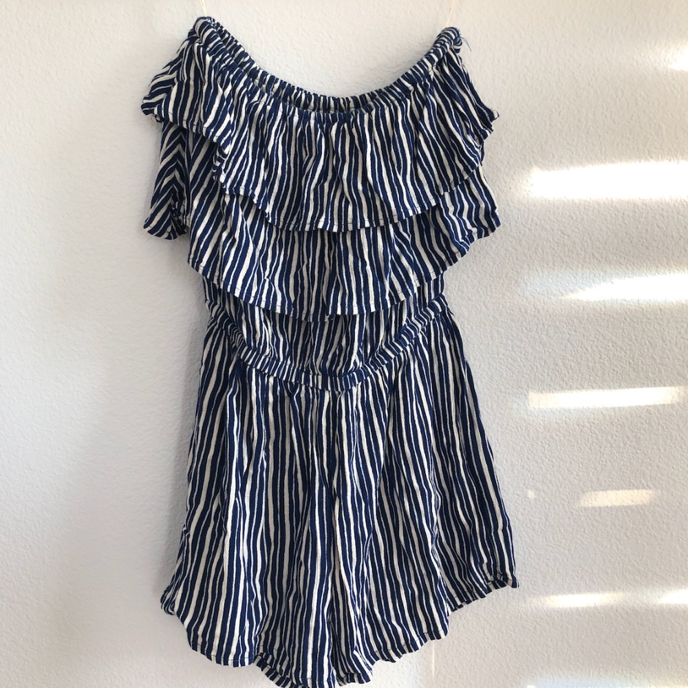 Strapless blue and white stripe romper
